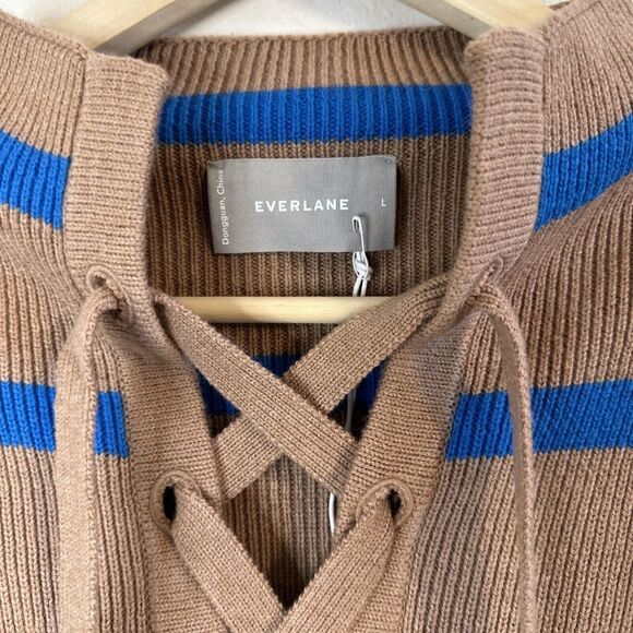 Everlane Lace Up Smock Sweater Chestnut Blue Stripe Organic Cotton Wool Sz L - Picture 2 of 10